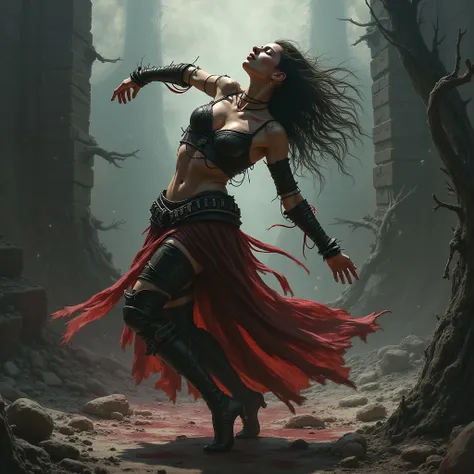 Create a dramatic and emotionally intense scene featuring a woman engaged in a powerful, graceful dance amidst a dark and chaotic landscape. Her body is adorned in tattered, battle-worn attire, with a mixture of flowing fabrics and armor pieces that highli...