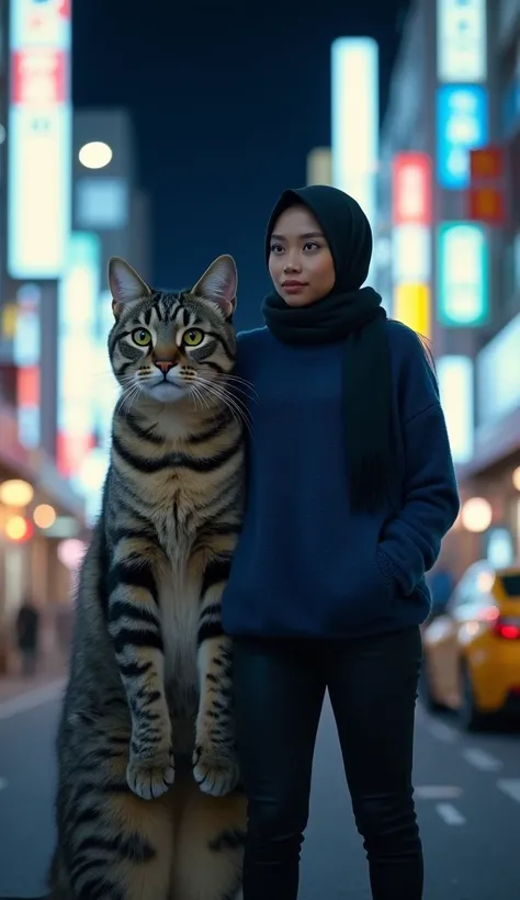  a hijab woman , alongside giant cat ,  cat taller and bigger than human ,  woman wearing black hijab ,  wearing blue hodie sweater ,  black jeans ,  is in the middle of tokyo ,  night atmosphere,  beautiful urban lights atmosphere at night,  more real pho...