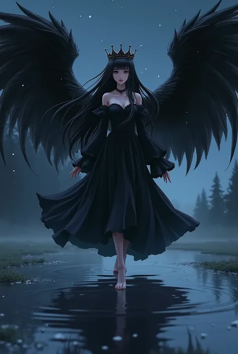 Anime woman, long black dress, long black hair, wearing a black crown, walking on a puddle, at night, big black wings on her back, maximum detail