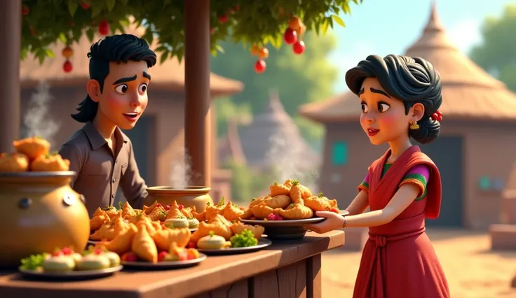 "An 3D animated and colorful thumbnail featuring a food stall in a rural village setting. A woman dressed in traditional Indian attire, serves large plates of samose chutney  to customers, showcasing steaming pots of samose and red souse on the counter. Fr...