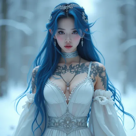 Girl, Solo, she have attractive face ,hot and sexy body, absurdly long hair, background Frost, fantasy world, frozen clothes, tattooed body, earring jewelries, 8k, hd, bandages covering our body, snow woman, white energy coming from her body, chest armour,...