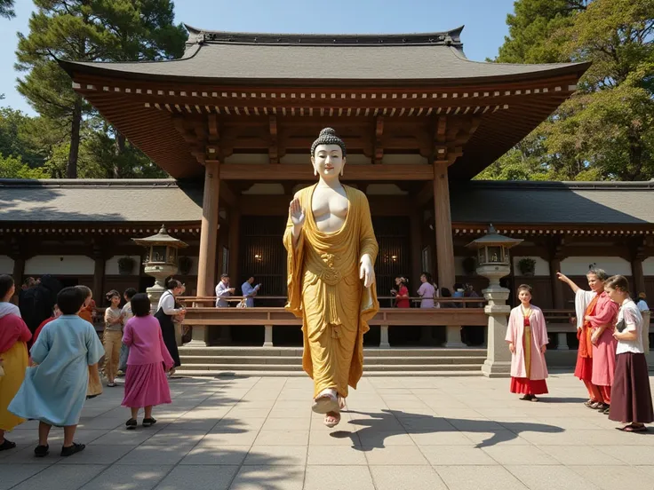 Realistic, Comedy, Shinto Buddha statue runs away from devotees who come to ask for blessings. Shinto Shrine background.