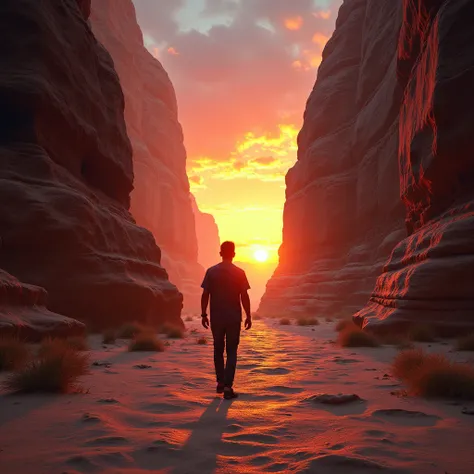 Part 1: Perception as a Filter

Opening Scene:
	•	Visuals: A man walking through an ancient desert city at sunset (e.g., Petra). The camera follows his gaze as he looks at a vibrant sunset. Suddenly, the scene splits into two versions: one bright and color...