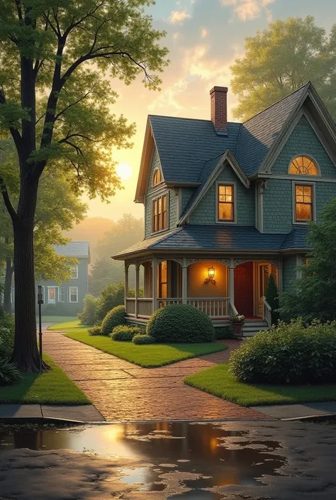 Victorian House 々 after the rain 、 A work incorporating Kinkade-like elements that are particular about the details 。
Depicting a typical American town with hydrating trees 々、, the soft afternoon sunlight reflected in puddles 、 You can feel warmth and peac...