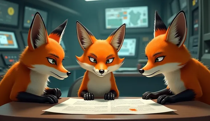 
4 stately, apprehensive realistic orange foxes concocting a plan in the control tower with a writing on the table