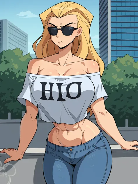 score_9, score_8_up, score_7_up, score_6_up, score_5_up, source_anime, smooth_anime,
1girl (big fat body), solo, breasts, blonde_hair, long_hair, sunglasses, navel, midriff, shirt, pants, crop_top, off_shoulder, hair_slicked_back, black_shirt, toned, bare_...