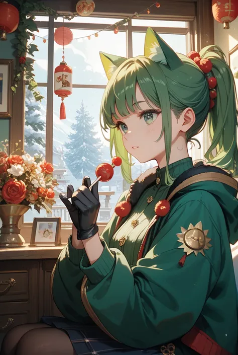 1girl,gen green hair, cat ears, green eyes, ponytail, green ears, black gloves, woke up at home on a winter morning in a room decorated with New Years decor
