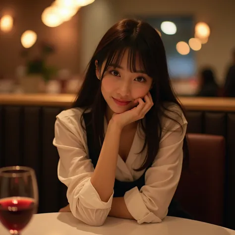 A surrealistic photo of a beautiful and elegant Japanese woman with medium breasts, fair skin, long straight black hair. She is wearing a white shirt with the sleeves rolled up to the elbows and a black A-line skirt. She is sitting on a chair in a luxuriou...