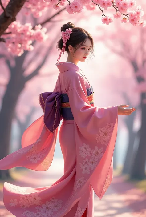 A beautiful Japanese womens station is under the cherry blossom trees in full bloom, as if it were a fairyland in a painting. She wears a gorgeous pink-colored furisode kimono, with a soft pink base, and the details of the gradual cherry blossom petals and...