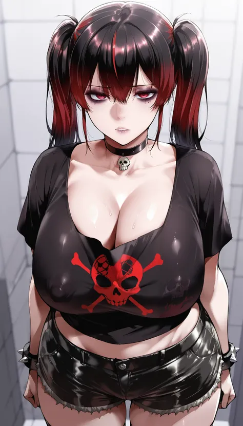 score_9, score_8_up, score_7_up, score_6_up, score_5_up, score_4_up, rating_explicit,
Goth girl, choker, goth clothes, red eyes, makeup, skull print, black T-shirt, spiked bracelets, dark leather shorts, cut shorts, black hair, massive breasts, twintails, ...