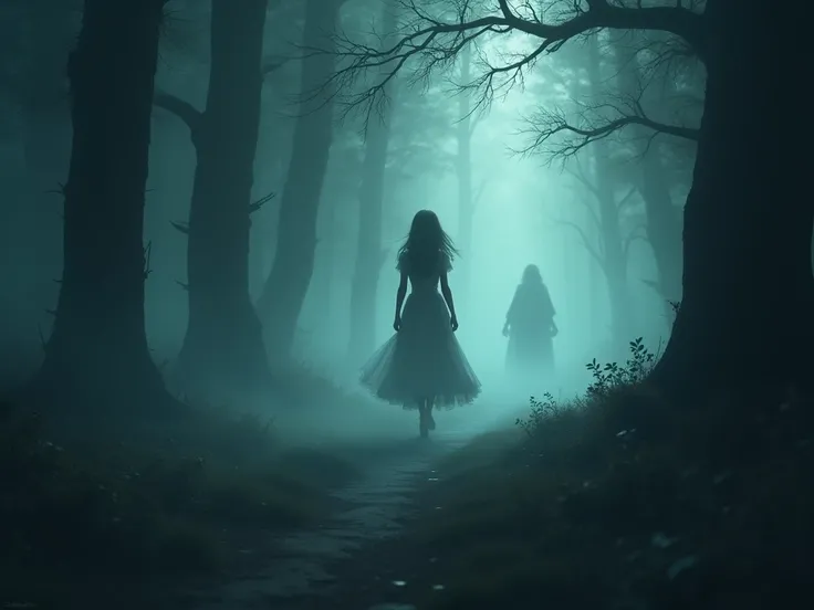 "A dense, dark forest with mist swirling around the trees, a young princess walking cautiously through the fog, feeling watched, with a shadowy figure fleeting in the distance."