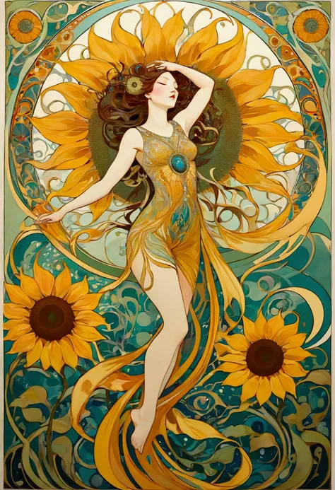 Hallucinatory, Tsuruta Ichiro Style Beauty Painting , Hypnotic Patterns , Abstract, Euphoric,  Fluid Shapes , Art Nouveau Painting ,  jewelry, summer,  sunflower ,  flat illustration .  negative space in the shape of a dancing womans body. goddess, whole b...