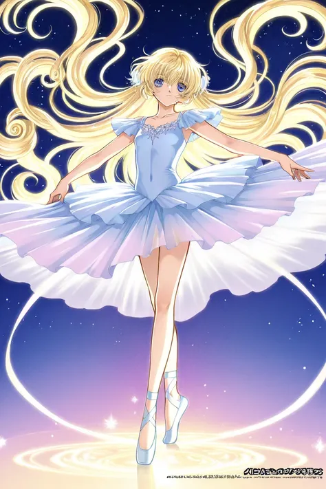 A woman that is a ballerina. She has really long curly light blonde haired with shiny blue eyes holding white yellow ballet slippers. There is magic flowing and stars surrounding her. She is brave and smiling. CLAMP Tsubasa Chronicles drawing style. Manga ...