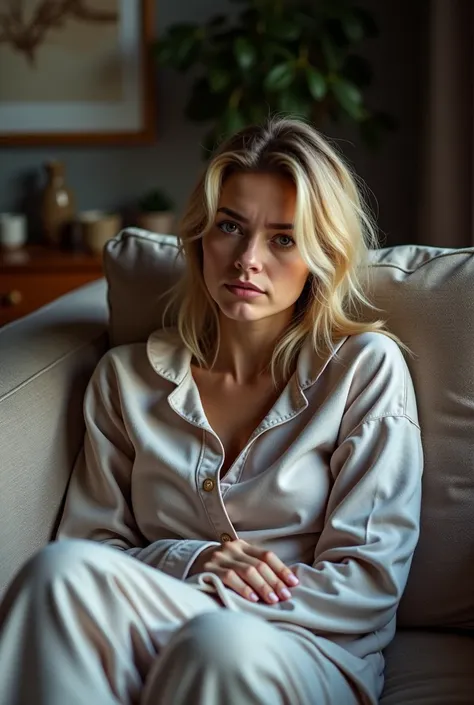 Photo dune femme caucasienne blonde denviron 27 ans. Elle porte un pyjama. Elle est très triste et pleure. Elle est assise recroquevillée sur elle même dans son canapé dans son salon. Hyper réaliste. Détaillé. 