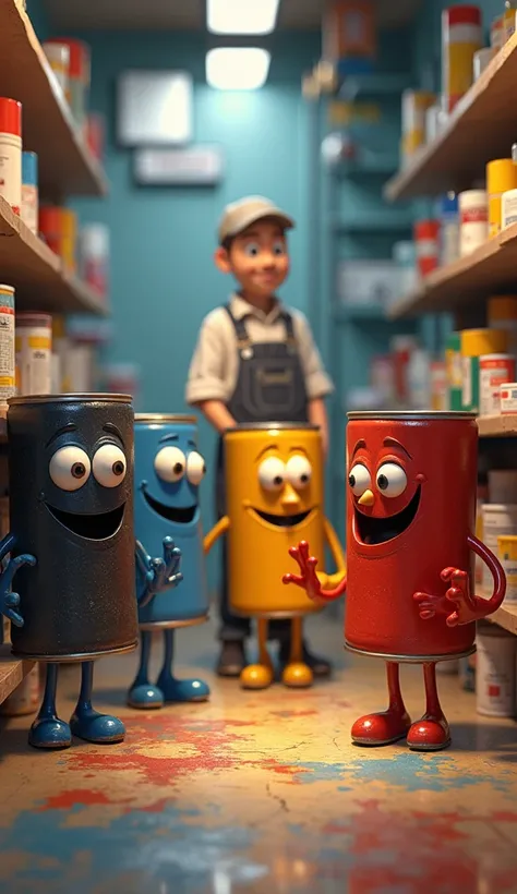 A paint store ,  the owner at the counter observing four cans of paint in the colors black, blue, yellow and red,  with legs and arms , and facial expression, And a customer arriving to buy .