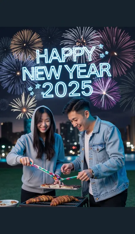 long shot photography full body a beautiful asian woman wearing a hoodie and a handsome asian man  ,  wearing a denim jacket shirt they are sitting On a long iron chair celebrating new years eve in the city park at night with the background of tall buildin...