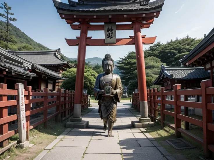 Realistic, Comedy, Shinto Buddha statue runs away from devotees who come to ask for blessings. Shinto Shrine background.