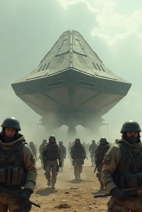 solders in uniform surronding alien ship