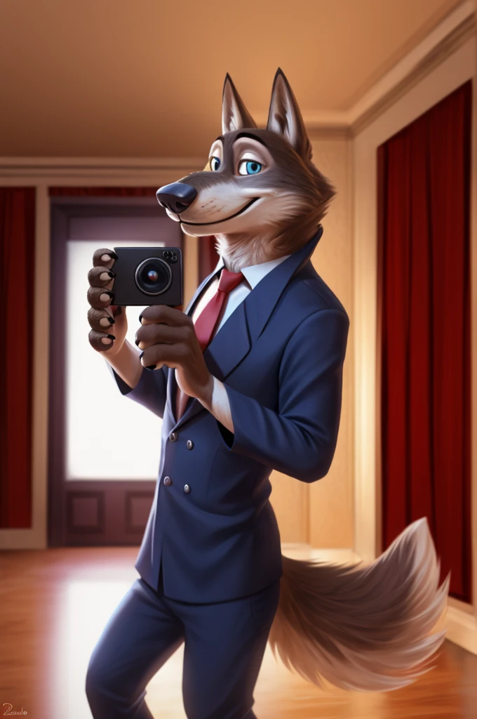  Male, Larry, (Zootopia), wolf, gray fur, (brown body:1.3), beautiful blue eyes, Zootopia, dressed,Blazer,black shirt,trousers,red tie,canine,wolf, detailed fur, Male, second, paw pads, finger claws,green tie, games,At the viewer, 5 fingers, paws, 4 toes, ...