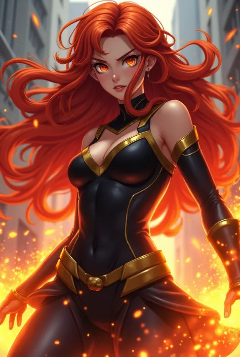 Hero fille de l’univers de my hero academia,  long wavy fire red hair, regarde badass yeux rouge , Alters feu  