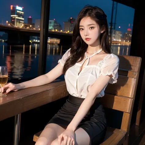  beautiful girl ， exquisite face ， delicate girl， brown curls with a hairpin ， with lace lace white short sleeve chiffon top， with dark blue bow on the neckline ，Black pleated miniskirt ，Sitting on a wooden chair， The background is a bustling city skyscrap...