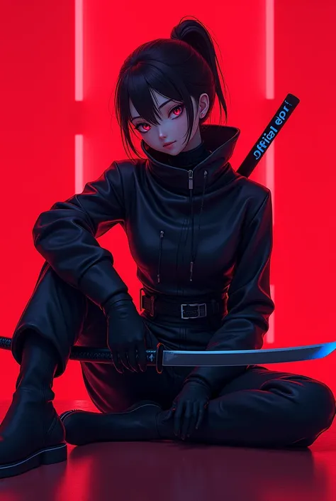 Make a red cool shine background  
An on top of that a cool anime ninja sitting with his katana on the text ALONG OFFICIAL STORE  WITH  COOL BLUE COLOR  