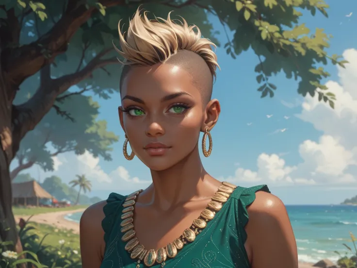  tall blonde woman with short mohawk hairstyle  , dark brown skin ,  African facial features ,  sea green eye color ,  hanging earrings with rubies , fell,  suede dress with silver decorations ,  leaning against a single tree in a meadow and playing with a...