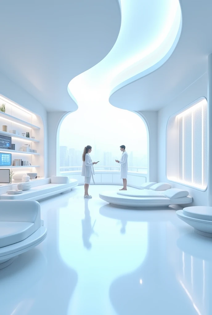  Create an illustration of a modern consulting room.  Use shades of white and blue . Make it as futuristic as possible 