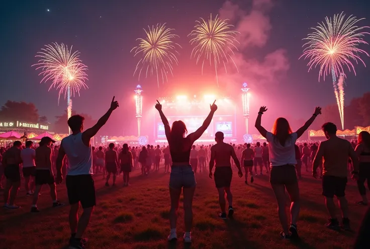 (best quality,realistic:1.37),vibrant music festival,large open field,full of energetic people,jumping and dancing to the music,loud and lively beats,resonating in the air, dazzling fireworks shooting up into the darkness, festival-goers wearing trendy and...