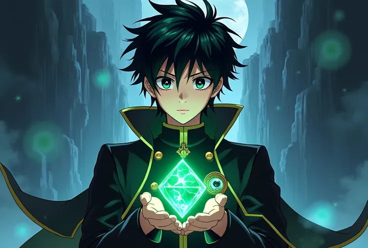 A Fullbody Picture of a really tall short black haired anime mature boy with black eyes wearing a Black Gakuran uniform, holding The Most Powerful Chaos Emerald in His clutches of hands, Multiversal Supernova Hero 