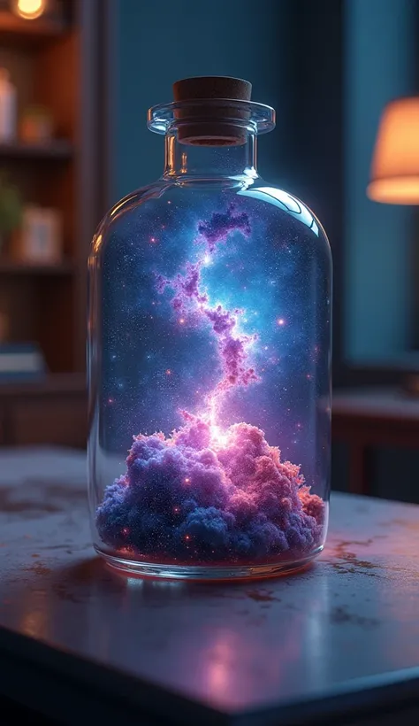 table top。highest quality。Len。Excessive detail。Galaxy in a transpaLent glass bottle on the table。Beautiful nebulae。