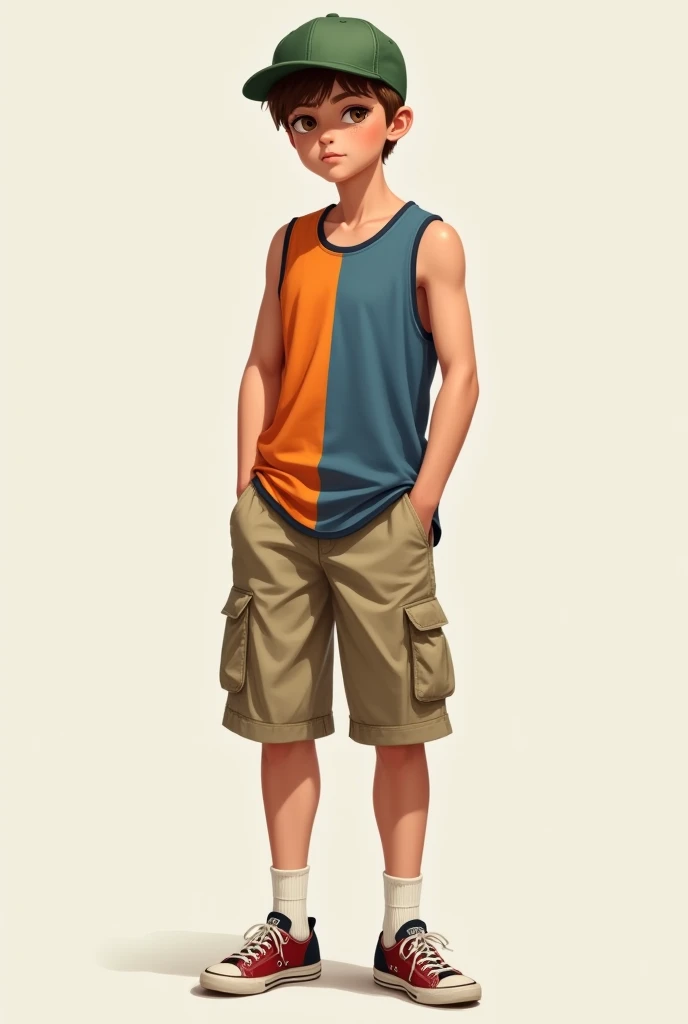 Realistic 15year old boy wearing a green baseball cap, a orange and blue tank top, khaki cargo shorts, white socks and red and black converse 