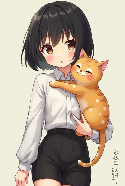 Girl with short black hair and fringes .  Dark brown almond-shaped and slightly torn eyes ,  Marked cheeks, small lenses .  small mouth and full lips .  White shirt and black petticoat with shorts and an orange cat with white spots 