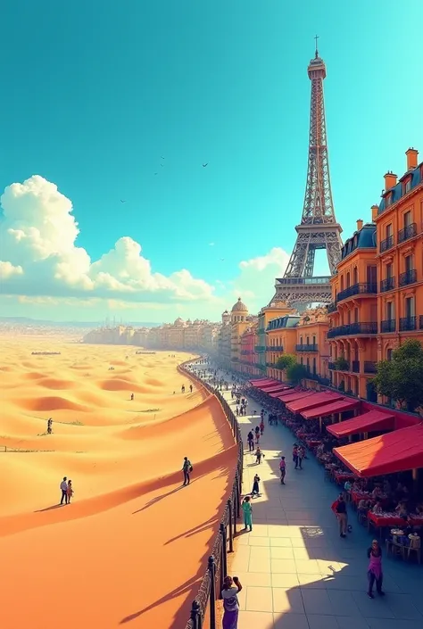 I would like a horizontal image with the desert on one side and a city that looks a bit like Paris with bright colors on the other. 