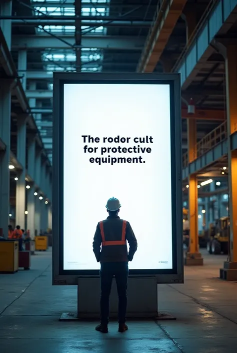 A billboard inside an industrial environment with an occupational safety technician looking from the bottom up at the message from the outdoor carrying out an awareness campaign about the use of protective equipment