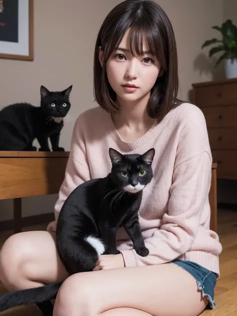 professional photograph of a female person, with cats, (best quality, ultra detailed, ultra highres:1.2)
