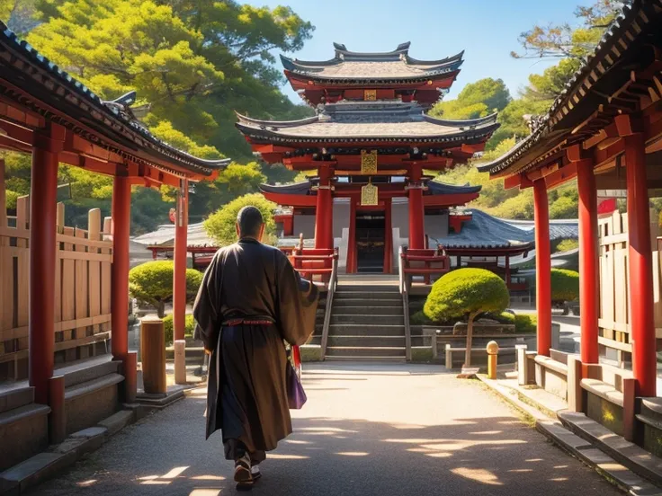 Realistic, Comedy, Shinto Buddha statue runs away from devotees who come to ask for blessings. Shinto Shrine background.