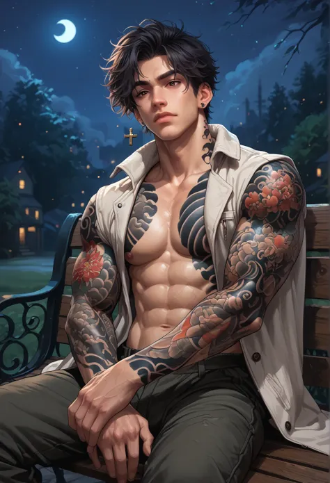 1men, calm expression, adult, muscular, body covered in tattoos (Tattoos on chest), (Tattoos on abdomen), (Tattoos on neck), Dark hair, messy hair, brown eyes, wearing casual long coat, black cargo short pant, cross earrings, sitting in bench, (Night:1.4),...