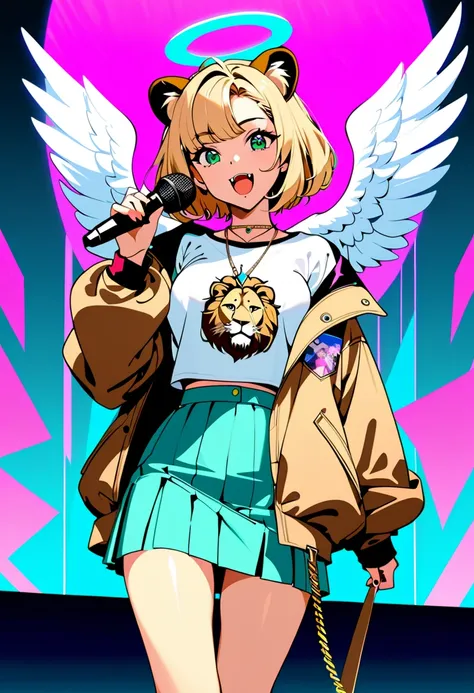 (masterpiece, best quality),Vaporwave style,90s anime style,(teenage,lion ears,blonde short hair,green irises,fang,fashionable, angel wings on her back,angel halo,middle breasts,wearing brown fur,necklace,Oversized brown jackets,lion printed tee, skirts, b...