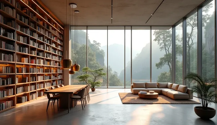 spacious modern library, lots of books and neatly arranged and the view outside the library is beautiful.