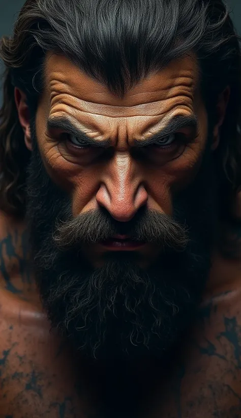 God Hercules intimidating face in front of hyper realistic illustration