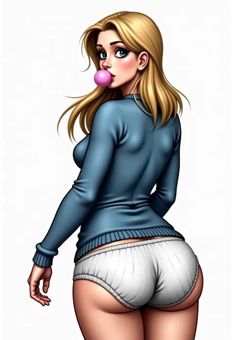 (masterpiece, best quality)), ((((perfect anatomy)))), ((Buff)) Norwegian woman with long blonde hair, dark eyeshadow, dark blue eyes, blowing bubble gum, blue sweater, white bulky crinkly adult-diaper, big booty, (((photo realistic))), ((90s film, 90s mov...