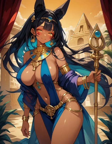 score_10,score_9_up,score_8_up,score_7_up, hadrian, looking at viewer, with Pyramid of Khufu view, in Egypt, female anubis, egyptian clothes, egyptian mythology, truncheon,staff, long black hair, dark skin, tall, wide hips, large breasts, voluptuous, matur...