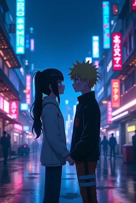 Create an image Naruto and Hinata in Japan night background is blue neon lights 