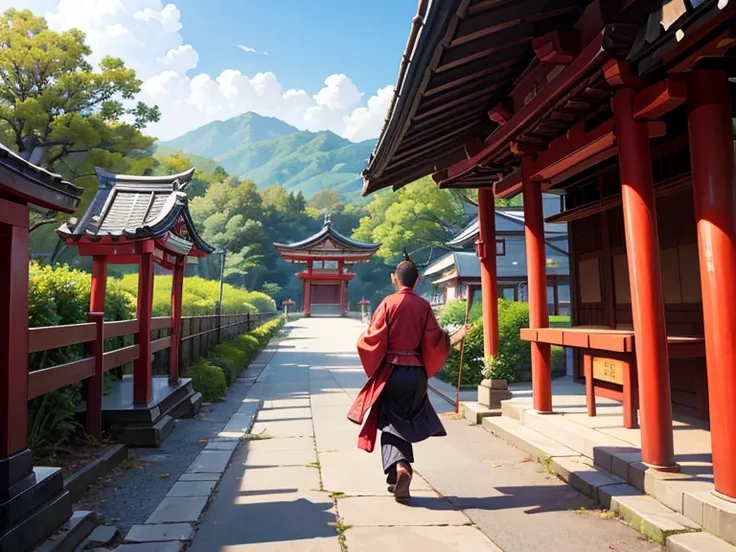 Realistic, Comedy, Shinto Buddha statue runs away from devotees who come to ask for blessings. Shinto Shrine background.