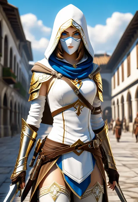 A full-body shot of topless Princess Zelda, brown hair, blue eyes, dressed as an Assassin from Assassins Creed, in white+gold witha white mask and hood with gold details, XL bust, using a wrist blade. Background: A city during the renaissance period. Unrea...