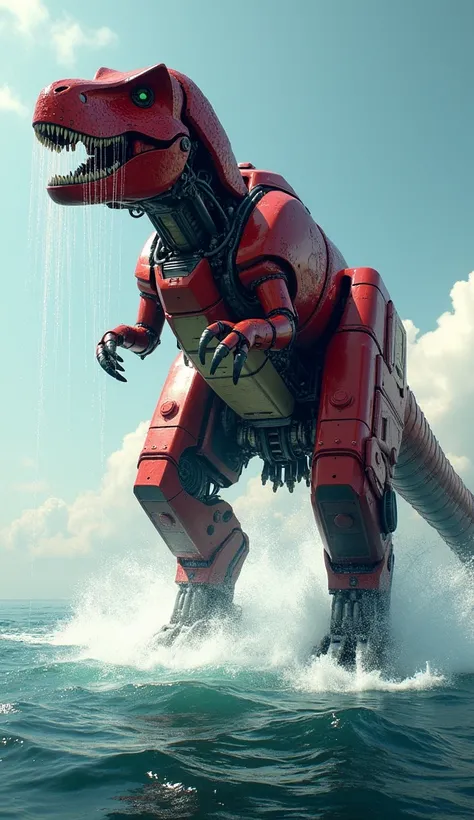 A giant red tyrannosaurus rex robot emerged from the sea, water splashing everywhere.