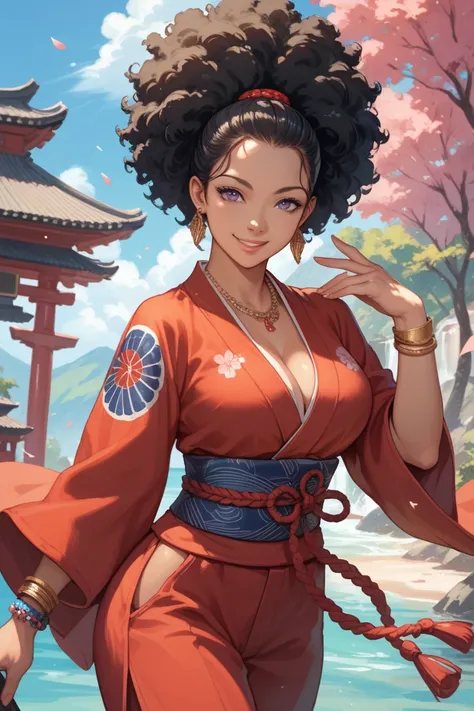 1girl, Afro Asian European American woman, Blue eyes, Black Hair, Jewelry, Large breasts, Earrings, Smile, Purple Eyes, Anime Style, Samurai, Casual 