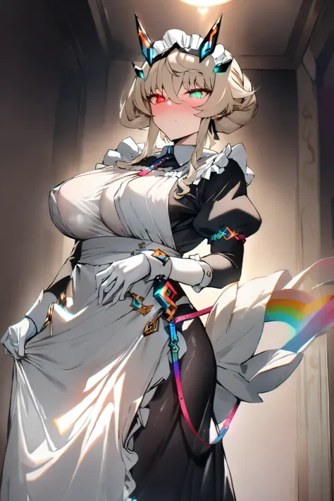 NSFW,masterpiece, top quality , high res, very detailed,Barghest_Maid、 Platinum Blonde Hair、 Twin Blade、 short hair、side lock、 Up Hair、 bun hair 、 rainbow heterochromia、 glowing eyes、 maids headdress、ruffle dress、 pleated dress、juliet sleeve、 maid apron、co...