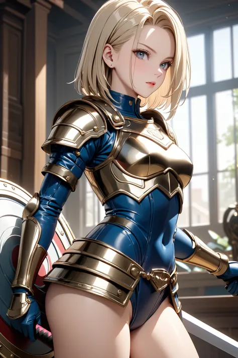 artificial human world, Sword and Shield, Gladiator,  ( cute), ( Android １８Number), masterpiece:1.5, masterpiece, highest quality, UHD, retina, masterpiece, accurate anatomy, super detailed, high quality, best quality, 8k